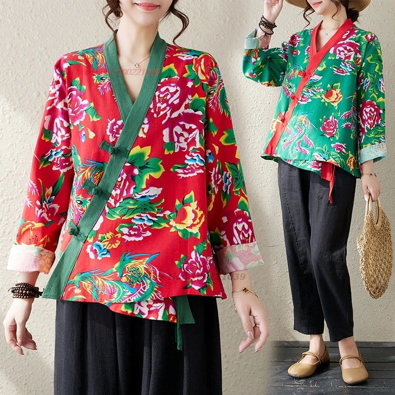 

2024 chinese traditional blouse women improved hanfu tops national flower print v-neck folk blouse oriental ethnic loose jacket