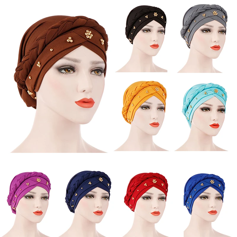 European and American Spring and Autumn Styles Unisex Baotou Hat Milk Silk Monochrome Beaded Braid Turban Hat Casual