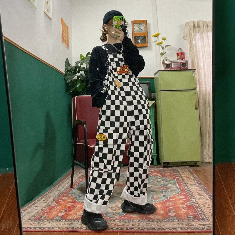 Casual Harajuku Girl Cow Print Black and White Check Overalls Overalls Trousers Street Hip-hop Baggy Pants Female Fun Suspenders