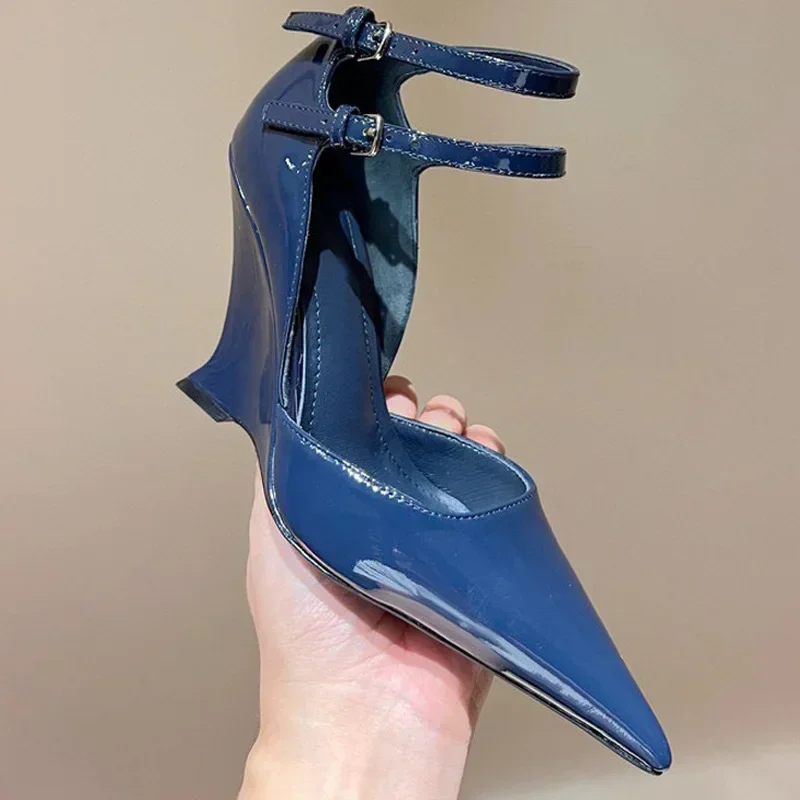 Lady Sexy Slope Heels Woman Ankle Strap Dress Wedding Shoes Party Sandalias De Mujer Luxury Sandals Women Designers Customized 2