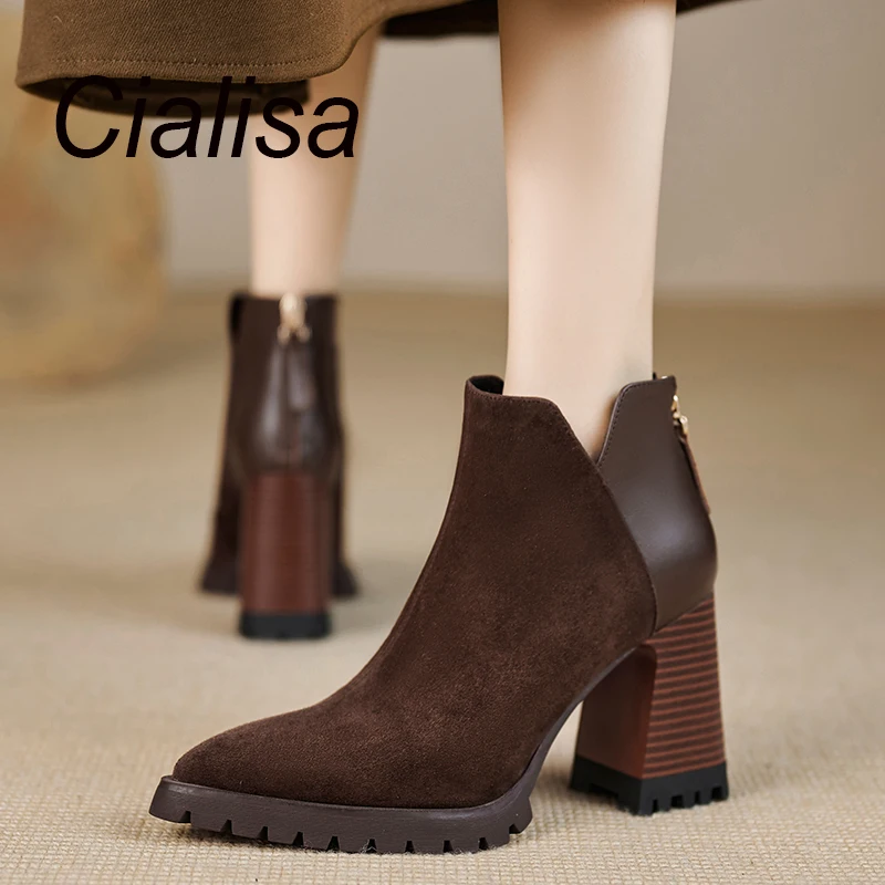 

Cialisa Platform Short Boots For Women High Quality Real Leather Shoes Winter Pointed Toe Ankle Boots Elegant High Heel Shoes 40