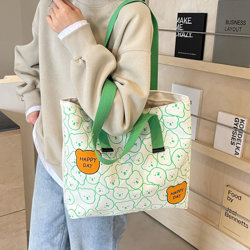 High Quality Thickened Canvas Tote Bag, Large Capacity Bear Pattern Handbag Women Stylish Shoulder Bag Campus Students Schoolbag