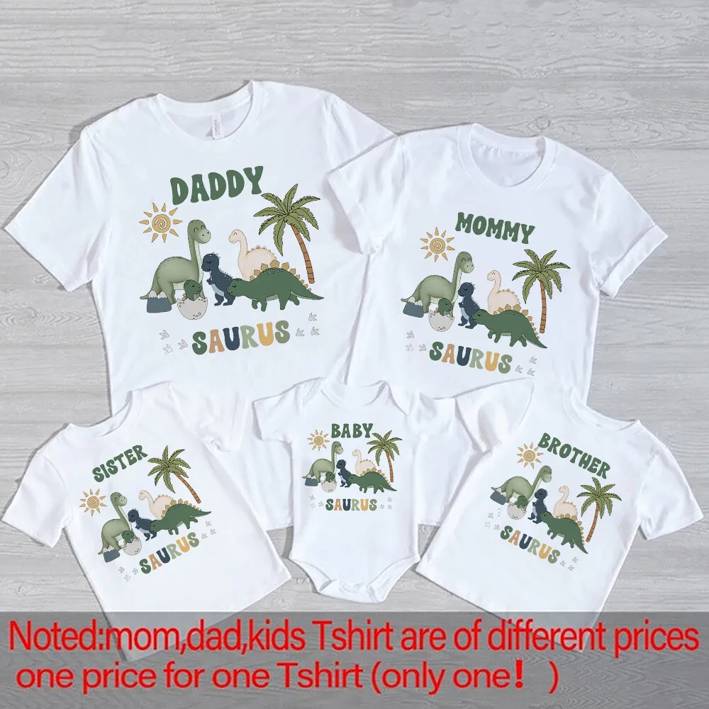 Cartoon Dinosaur Print Family Matching Outfits Tops Boy Birthday Party Family Look T-shirt Dad Mom Bro Sis Tee Shirt Baby Romper 3