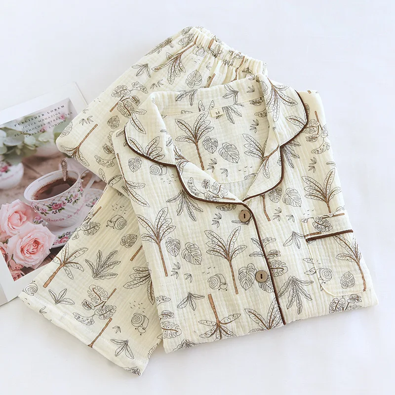 New Chinese Style Spring And Autumn Double Pure Cotton Gauze Pajamas For Women