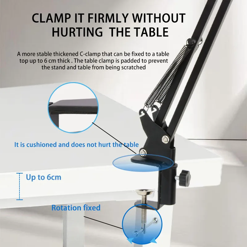 Adjustable Scissor Arm Mic Stand with Thickened C-Clamp for USB/Live Mic 6cm TableClamping RotationMount CompactDesk Holder