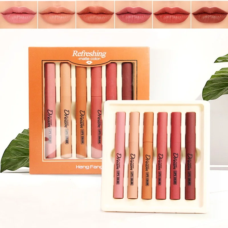 

6 Colors/Set HengFang Smooth Matte Lipstick Waterproof Lip Liner Pencil Nude Red Velvet Batom Lip Stick Pen Kit Makeup Cosmetics