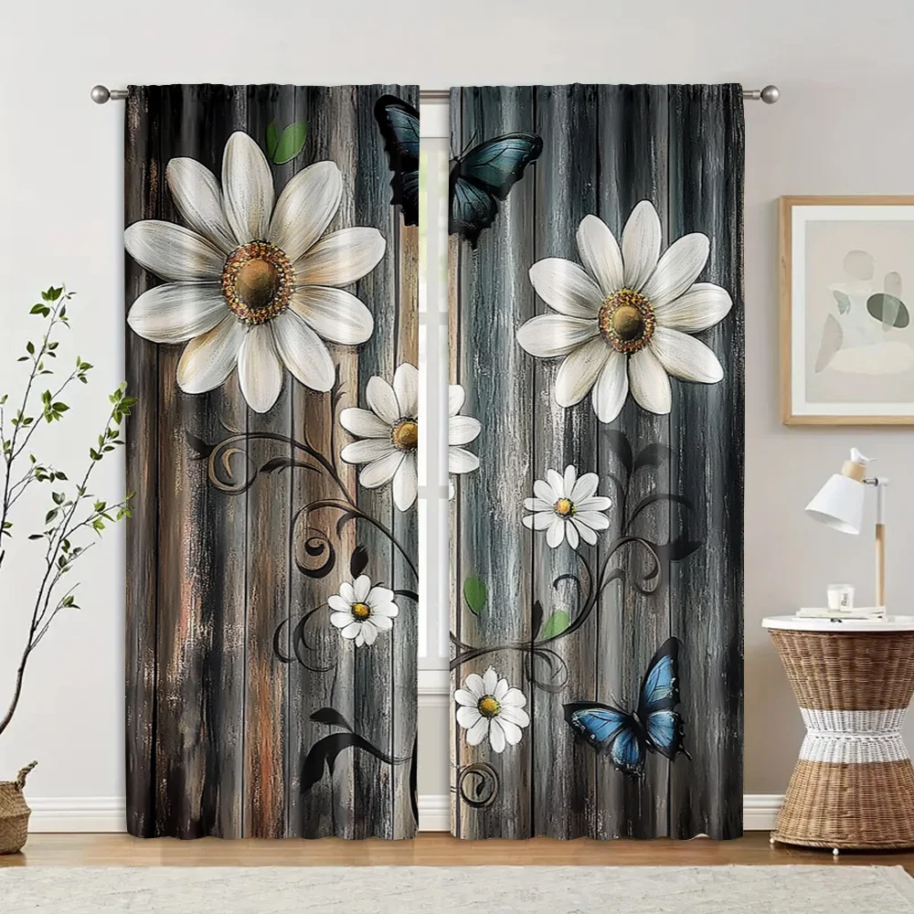 2pcs, Curtains Digital Printed 2D print Daisies And Butterflies Machine Washable Polyester (without rod) Art Deco Festive Use 2