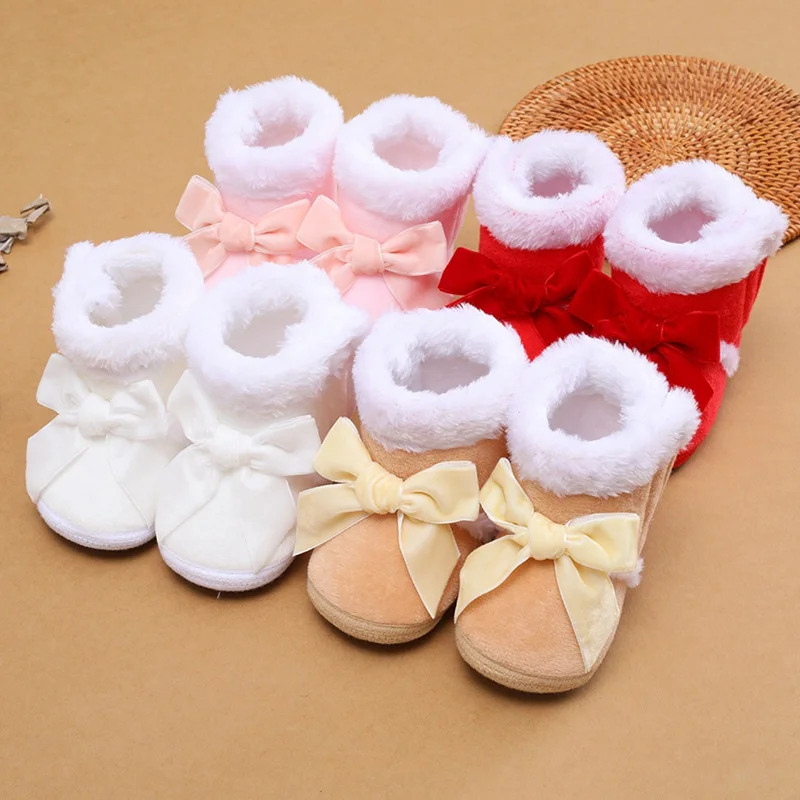Infant Baby Boots Shoes Newborn Baby Girl Shoes Bow Plus Velvet Cotton Kids Toddler First Walkers Booties Warm Crib Shoes 1