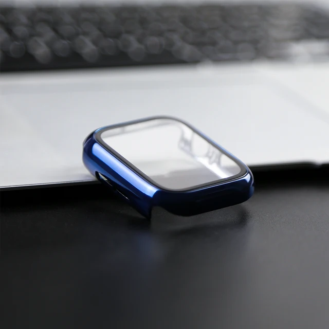 360 Full Cover for Apple Watch 45mm 41mm 44mm 40mm 42mm 38mm, Plating Case Glass Screen Protector for iwatch SE 7 6 5 4 3 2 1 Blue