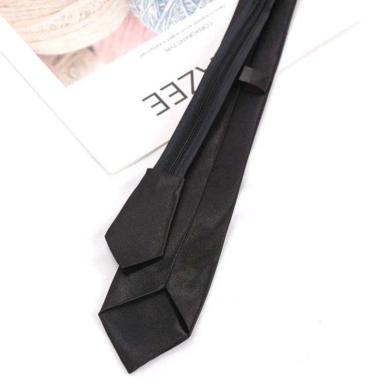 Unisex Black Simple Clip on Tie Women Zipper Ties Retro Silky Narrow Men Lazy Neck Tie Slim Korean Style All-match Trendy Tie