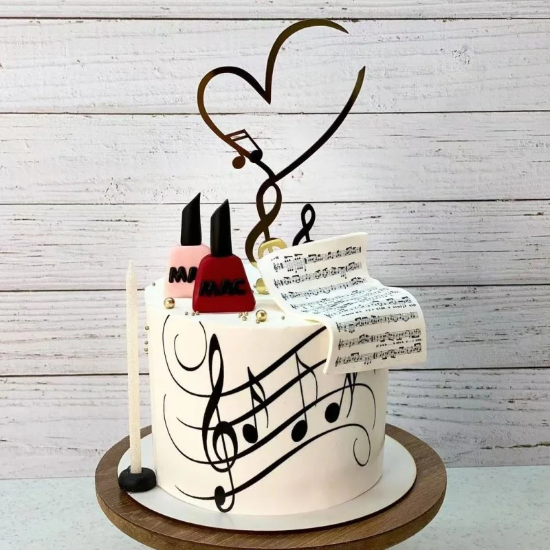 NewMusicalNoteCakeTopperGoldAcrylicThemeMusicHappyBirthday