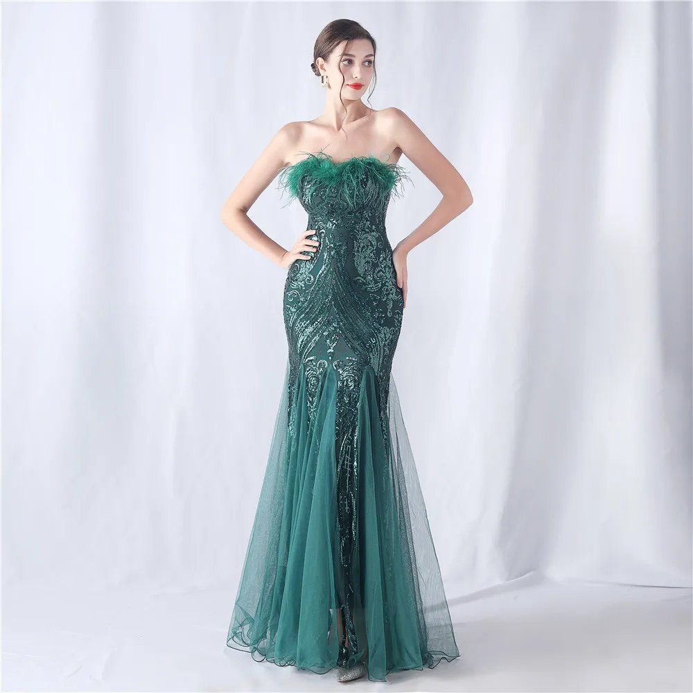 

Feather Prom Dress with Sequin Embellished Floor-Length Trumpet Mermaid Skirt