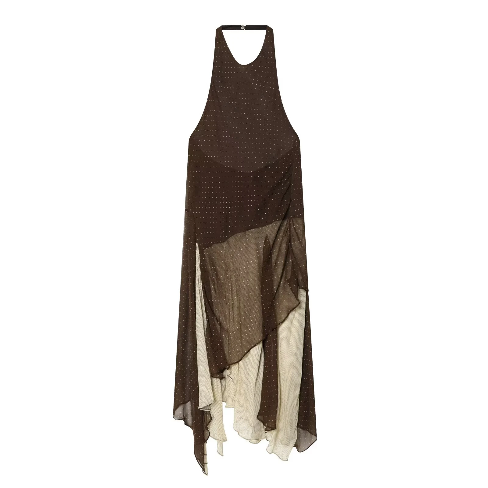 Europäischer und amerikanischer Stil, Frühlings- und Sommer-Neuheit, Damenkleid mit hängendem Halskragen und asymmetrischem Spleißdesign.