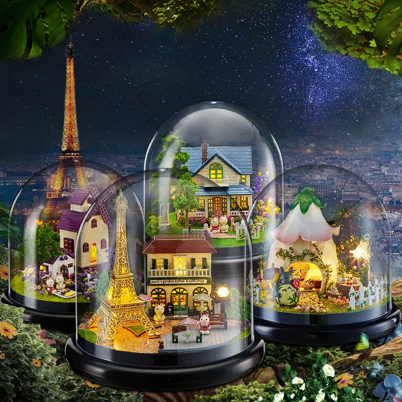 DIY Cabin Manual Assembly Transparent Cover Villa Model Children's Toys Christmas Gifts Wooden Dollhouse Rotate Music Box HG310 wooden windmill music box model 3d three dimensional children s puzzle toy hand assembled desktop creative pen holder toy