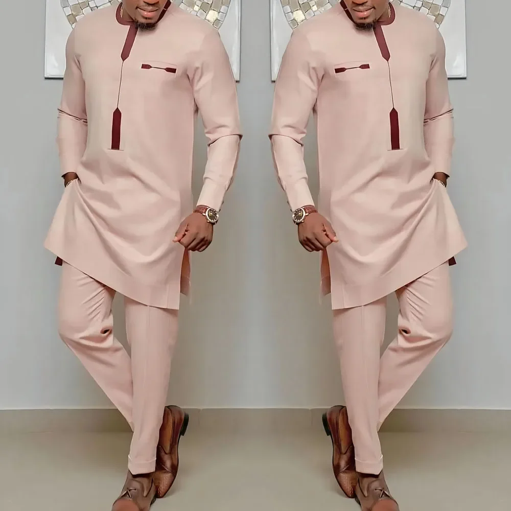 Kaftan Elegant African Men's Set 2 Pieces Outfits Long Sleeve Ethnic Tops And Pants Christmas Party