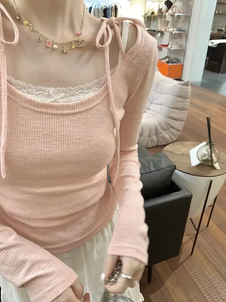 

Shirts for Women Crop Tops Sweet Tunic Long Sleeve T Shirts Fake Two Patchwork Lace Tees 2023 Bandage Summer Tshirt