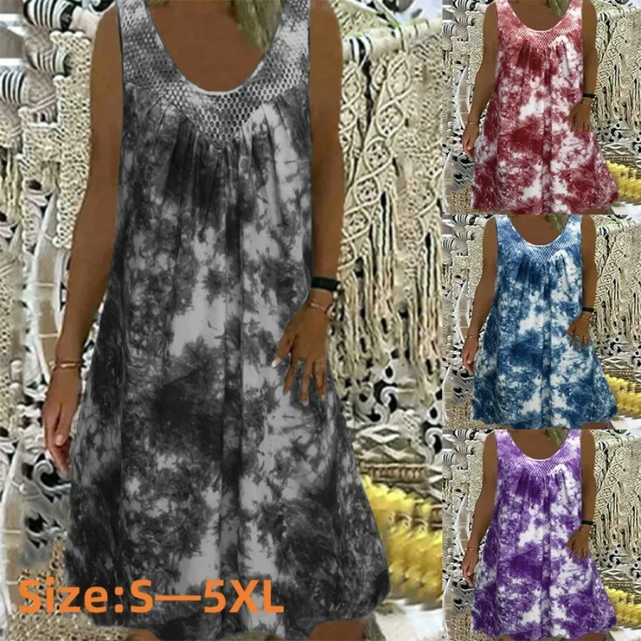 

2024 Women's Summer Mesh Splicing Round Neck Sleeveless Dresses Ladies Ethnic Style Casual Commuter A-line Gown Pullover Dress