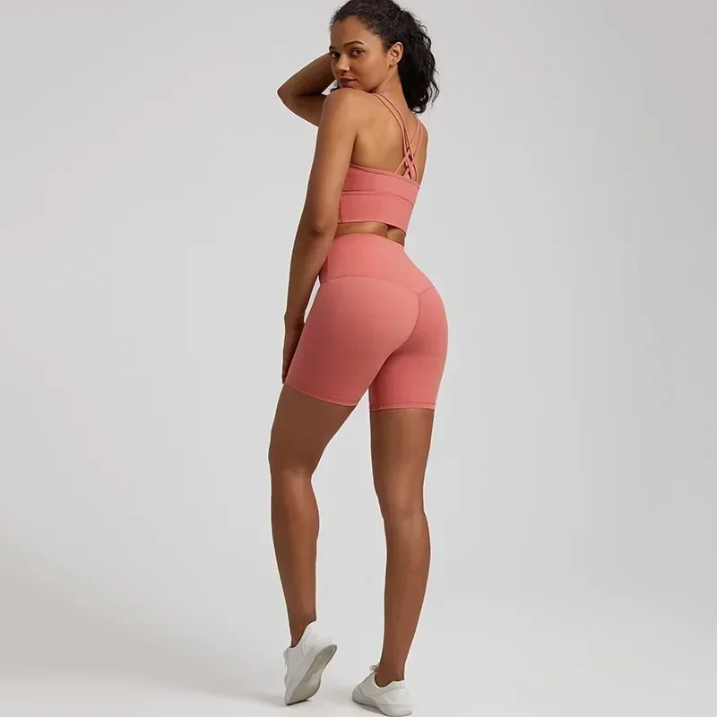 Lemon Soft Women Sport Suit High Waist Shorts Cross Fitness Bra 2pc Short Legging Yoga Set Gym Workout Training Hollow Out