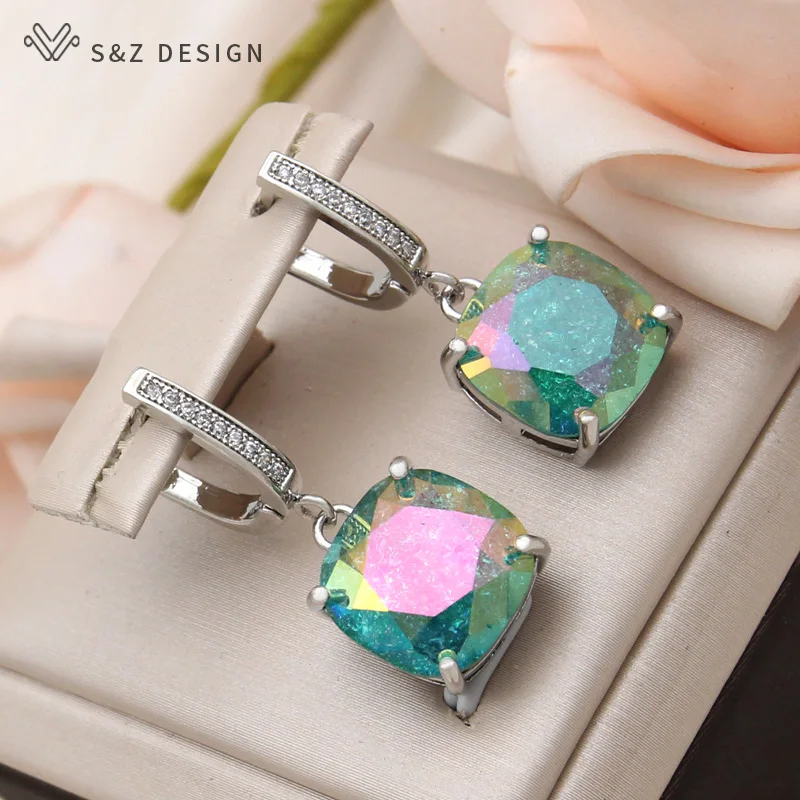 S&Z DESIGN New Fashion Cubic Zirconia Ice Crack Square Crystal Dangle Earrings For Women Jewelry 585 Rose Gold Color Eardrop