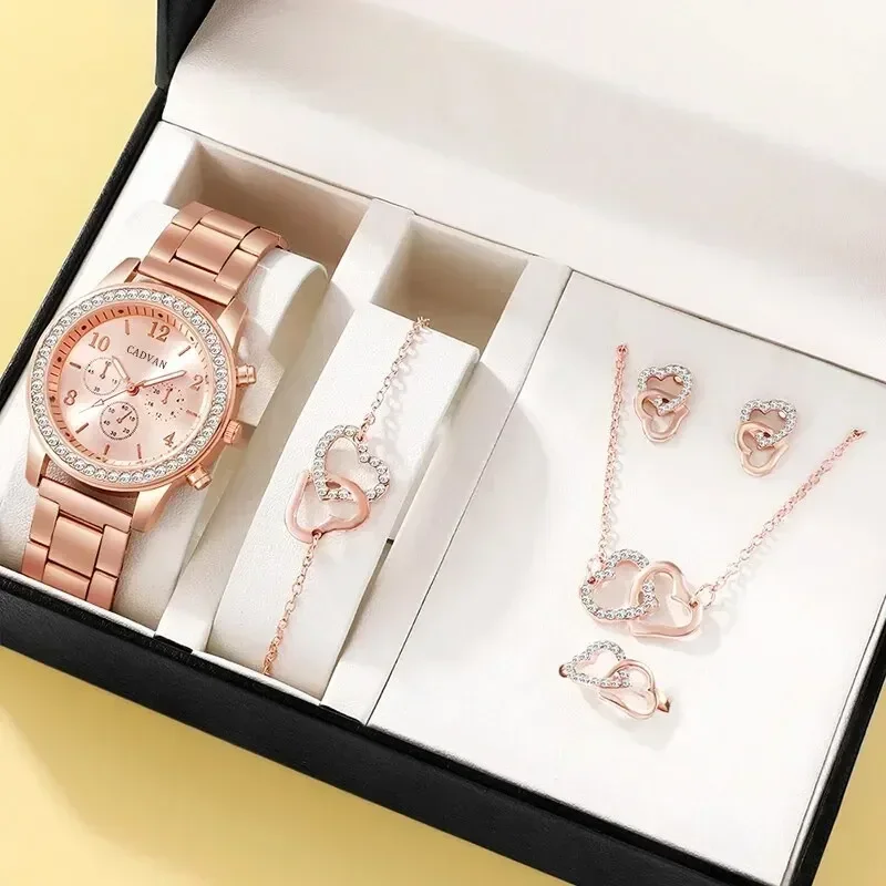 Womens Watch 6PCS Set Rose Gold Luxury Watch Women Ring Necklace Earring Rhinestone Fashion Wristwatch Casual Ladies Bracelet