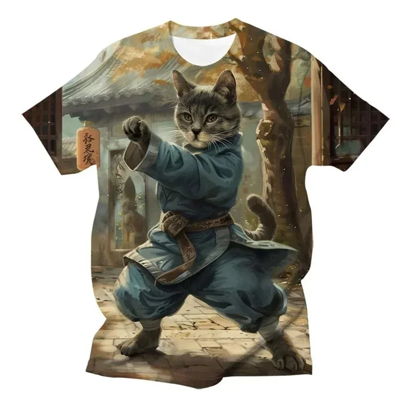 Kung Fu Cat 3D Print Graphic Kids Clothes Boy T-Shirt Fashion Casual Funny Animal Round Neck Short Sleeve Tops Girls Tee
