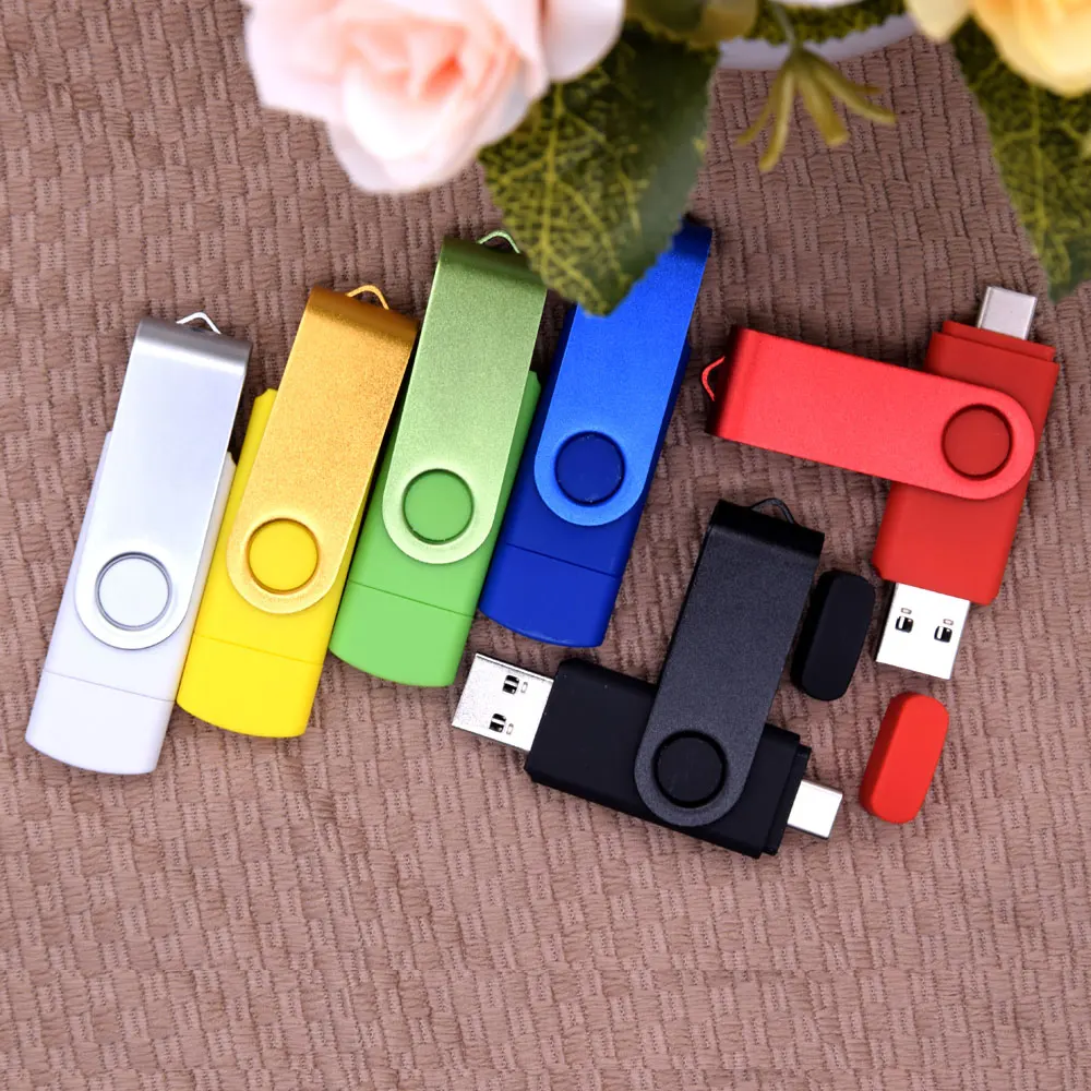 회전식 USB 플래시 드라이브, 128GB, 32GB, 16GB, 펜 드라이브, 256GB, 64GB, 4G, OTG, 2 인 1 메모리, C타입, USB 2.0, 커스텀 로고