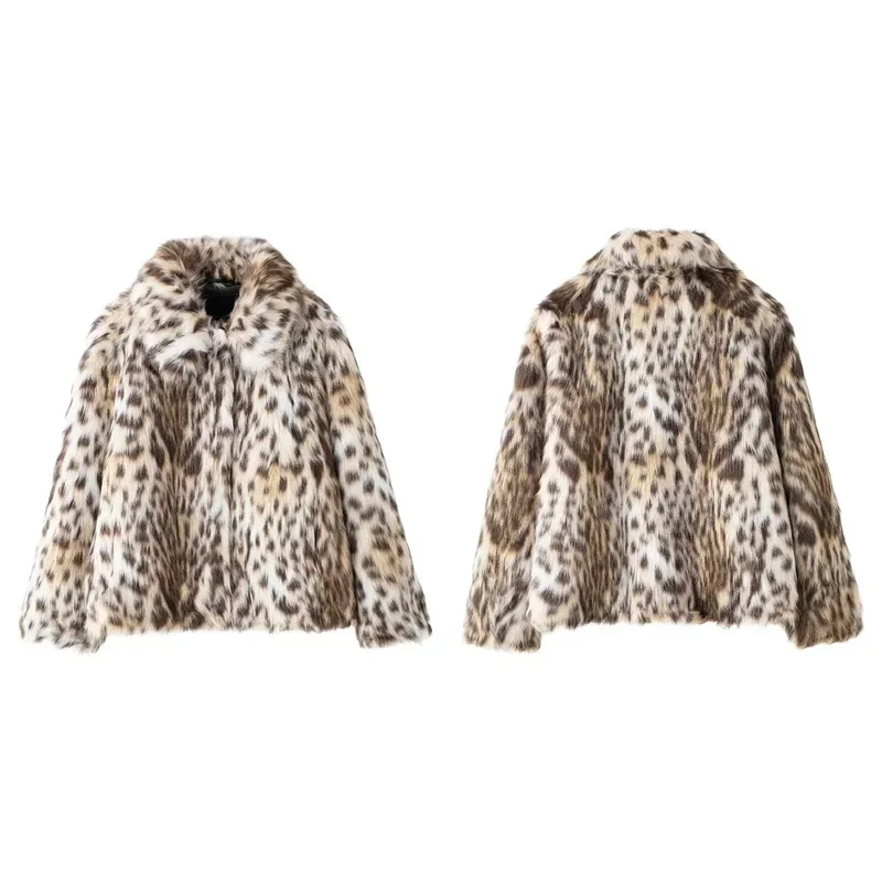 Leopard Print Faux Fur Short Coat Women Fashion Puff Plush Lapel Loose Button Jacket Female Winter Thick Warm Outerwear