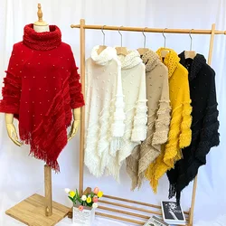 Autumn Winter Cape Shawl for Women Knitted Fur Wrap Solid Pullover W/ Pearl Loose Turtleneck Sweater With Tassel Fall Poncho