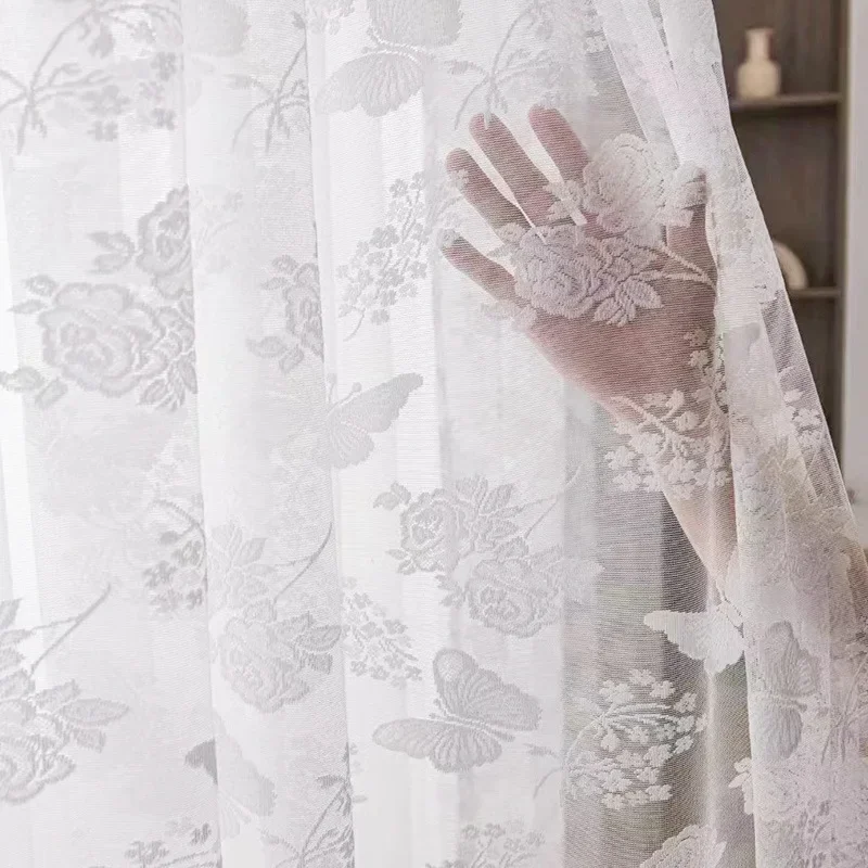 Sheer Curtains Embroidered White Tulle Door Screen for Living Room Bedroom Shutter Balcony Windows Lace Butterfly Partition Door