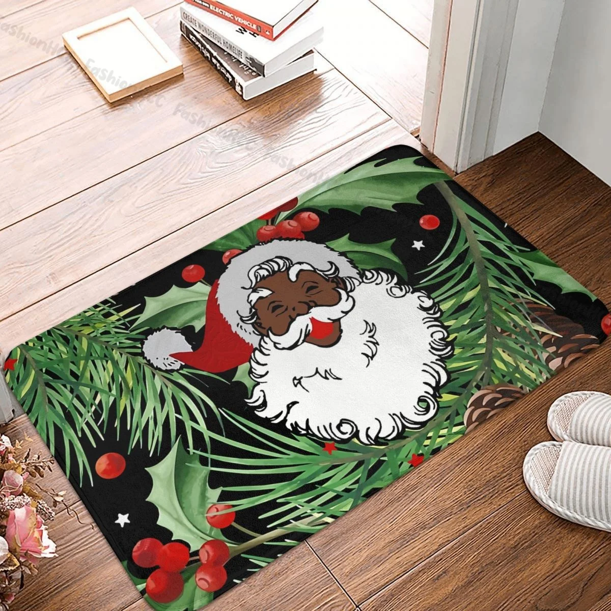 

Merry Christmas Bath Mat Xmas Black Santa Claus Doormat Kitchen Carpet Balcony Rug Home Decor