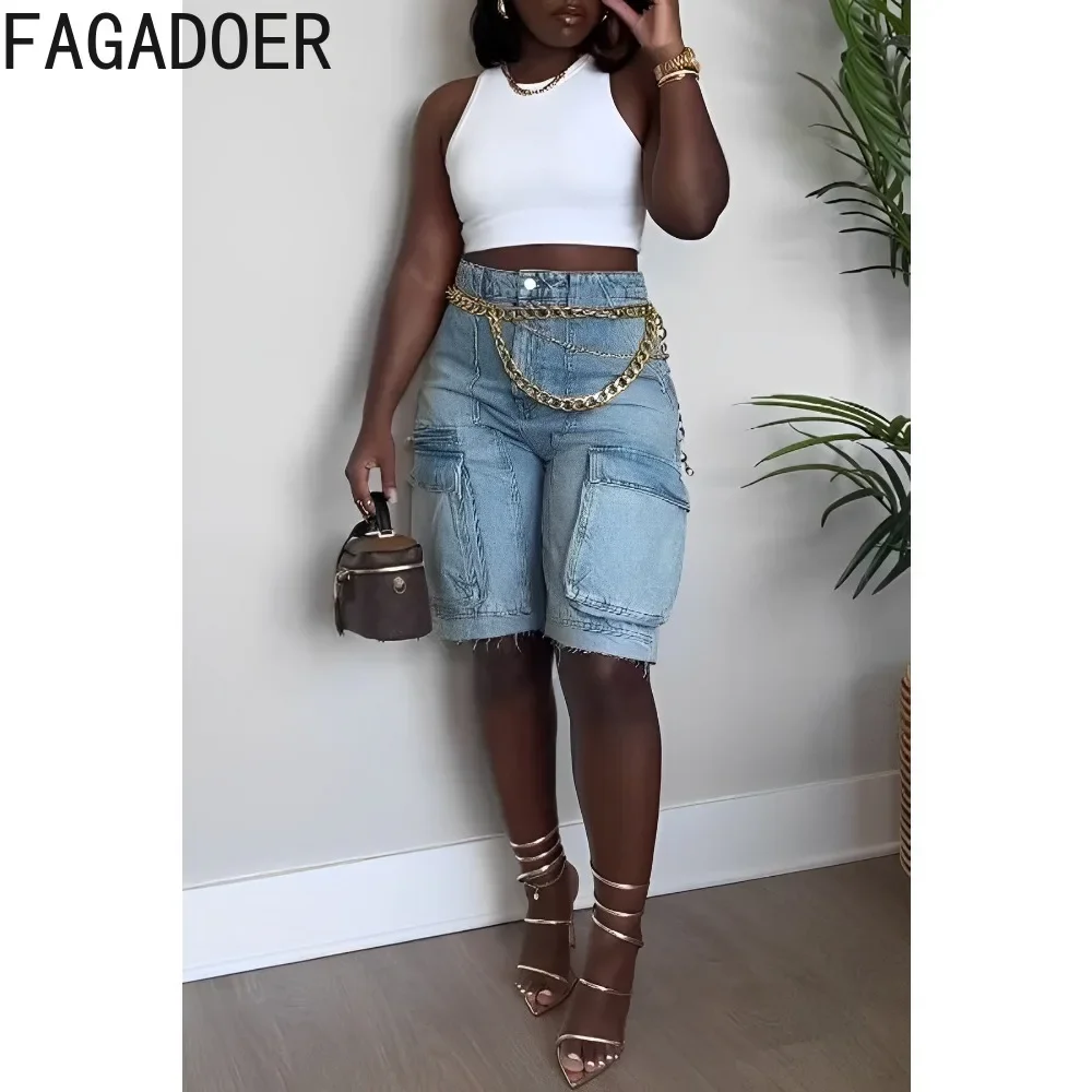FAGADOER Blue Casual Straight Denim Shorts Women High Waisted Button Pocket Cowboy Bottoms Autumn Casual Solid Sporty Jean 2023