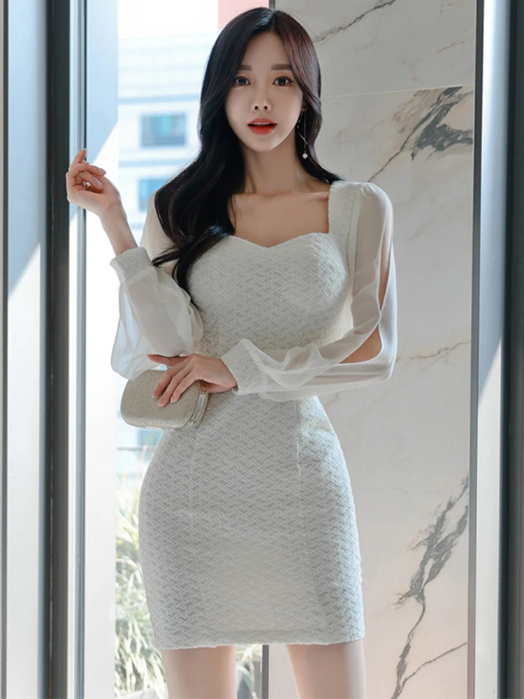 

Sweet Sexy White Dresses for Women Sheer Chiffon Cut Out Hollow Long Sleeve Bodycon Short Gown Female Party NightClub Vestidos