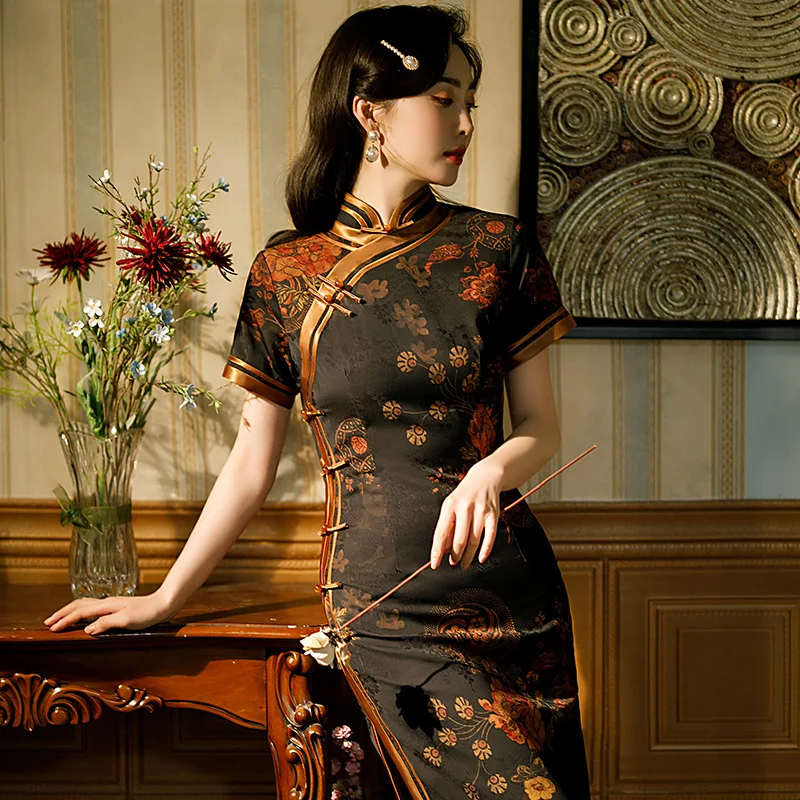 

2023 Spring and Autumn New Black Slim Improved Cheongsam Chinese Style Cheongsam Ink Flower Dress Fashion Qipao Evening Dress