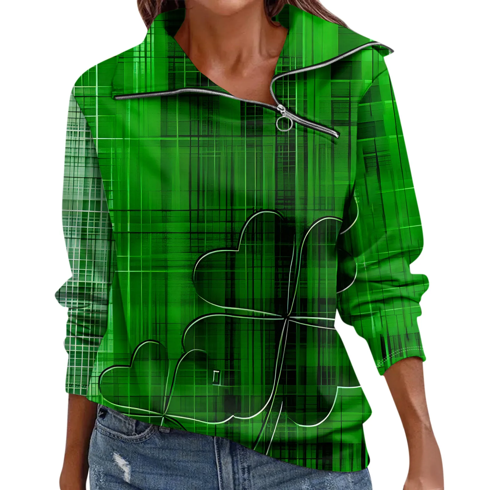 

Top Women Unique St. Patrick'S Day Printed Women Blouse Big Size Zipper Collar Three Quarter Sleeves Women Shirts & Blouses 반팔티