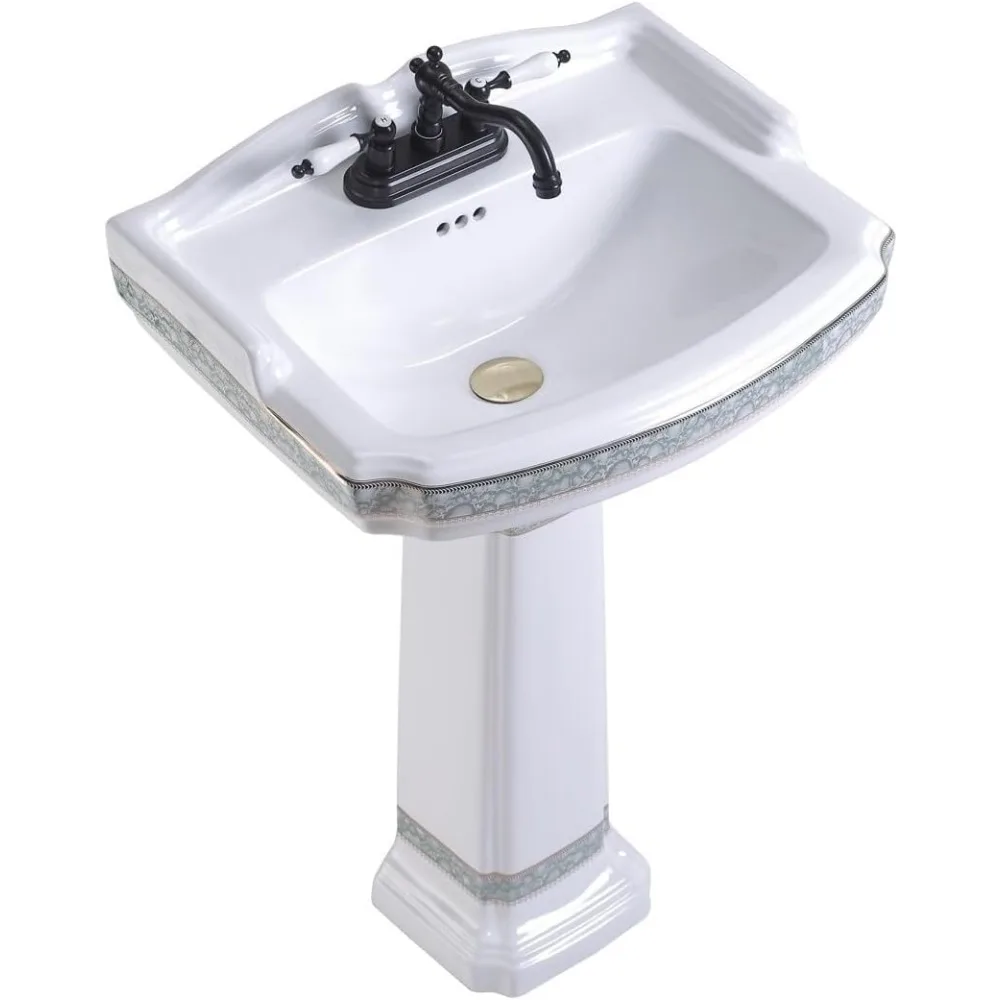 Pedestal Sinks for Bathrooms Wide White Porcelain Bathroom Pedestal Wall Mounted Sink with Green Gold Accent 5
