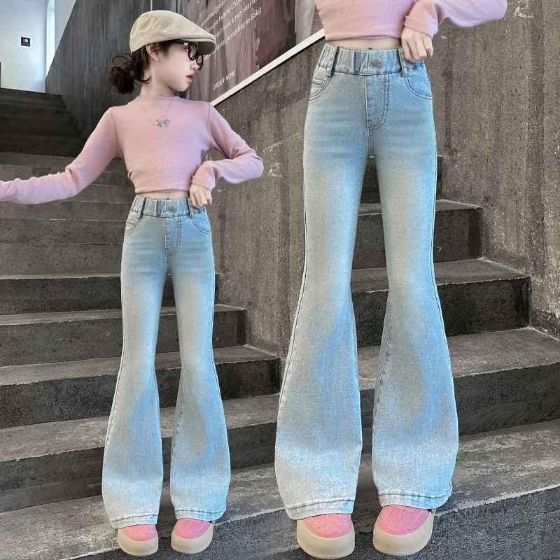 子供用ブーツカットジーンズ、女の子向けファッショナブルなデニムフレアパンツ、5歳、7歳、8歳、9歳、10歳、11歳、12歳、13歳、14歳のキッズ向けスリムでクールなジーンズ