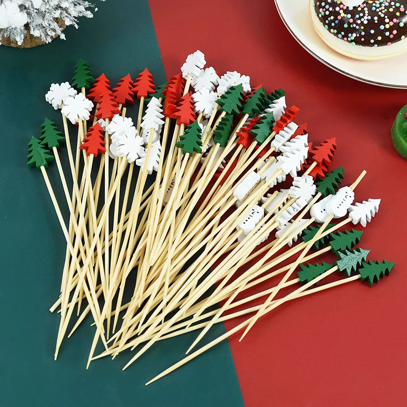 Christmas Tree Santa Claus Snowflake Bamboo Stick Disposable Xmas Food Fruit Picks 100Pcs food picks,food toothpicks
