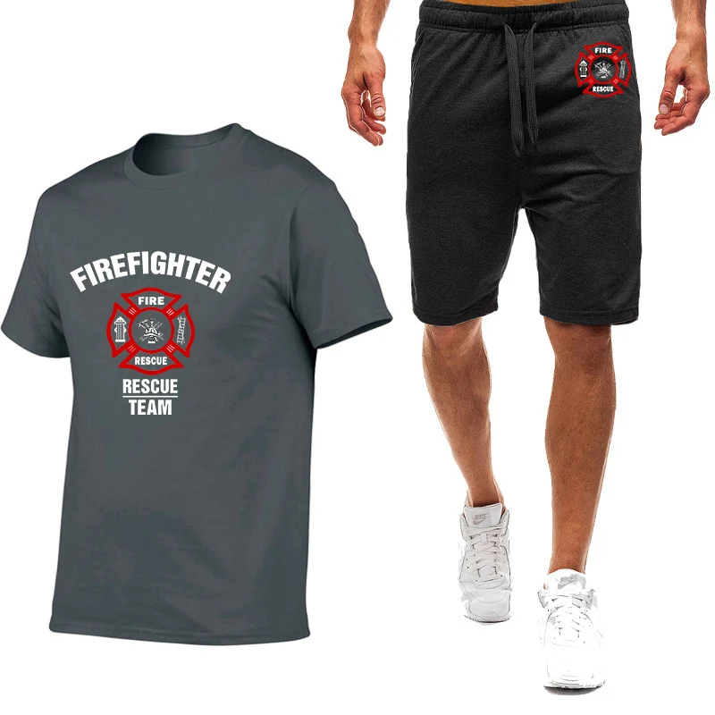 Firefighter Rescue Team Printing Fashion 2023 Men's Summer Solid Cotton Short Sleeve Comfortable Casual T-Shirt Sweatpants Suit