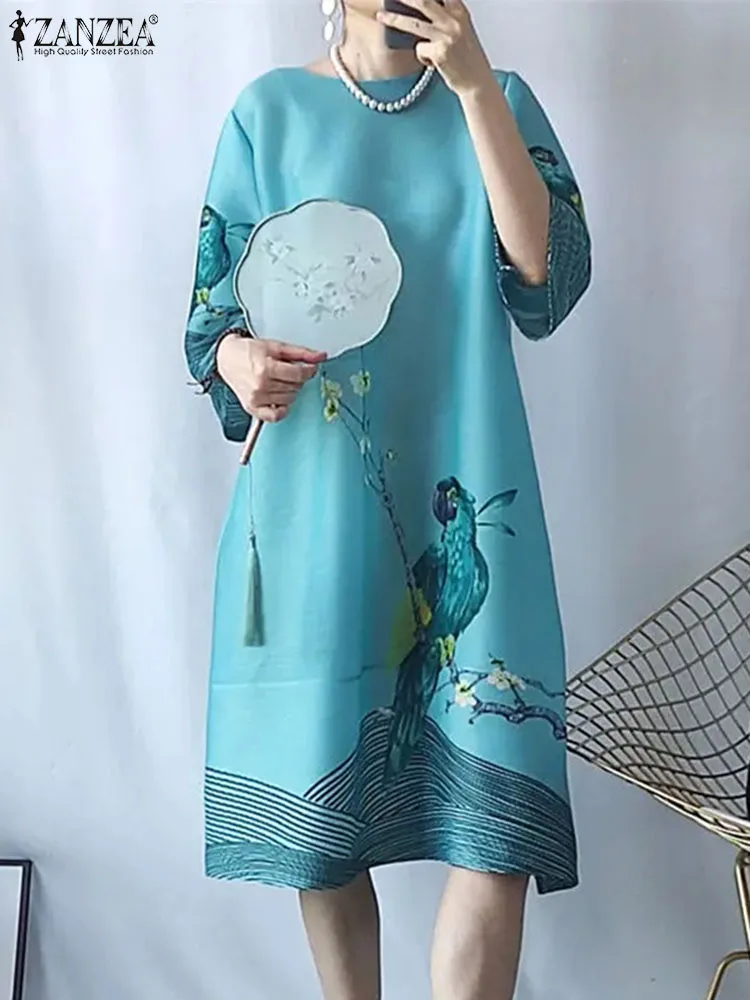 

ZANZEA Summer Stylish Floral Printed Dress Women Vintage O Neck 3/4 Sleeve Midi Sundress Casual Robe Femme Holiday Vestidos 2024