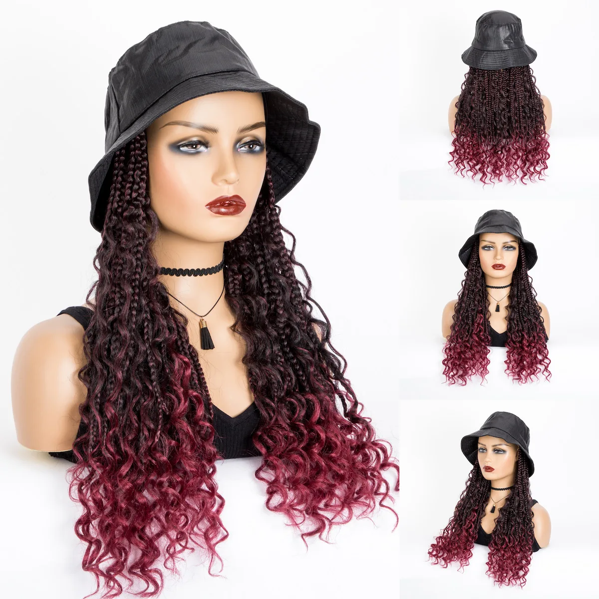 WIGERA Synthetic Hat Wig Goddess Boho Box Braids With Curly Ends Ombre Blond Hair Bohemian Hippie Braids Braiding Hair Cap Wig