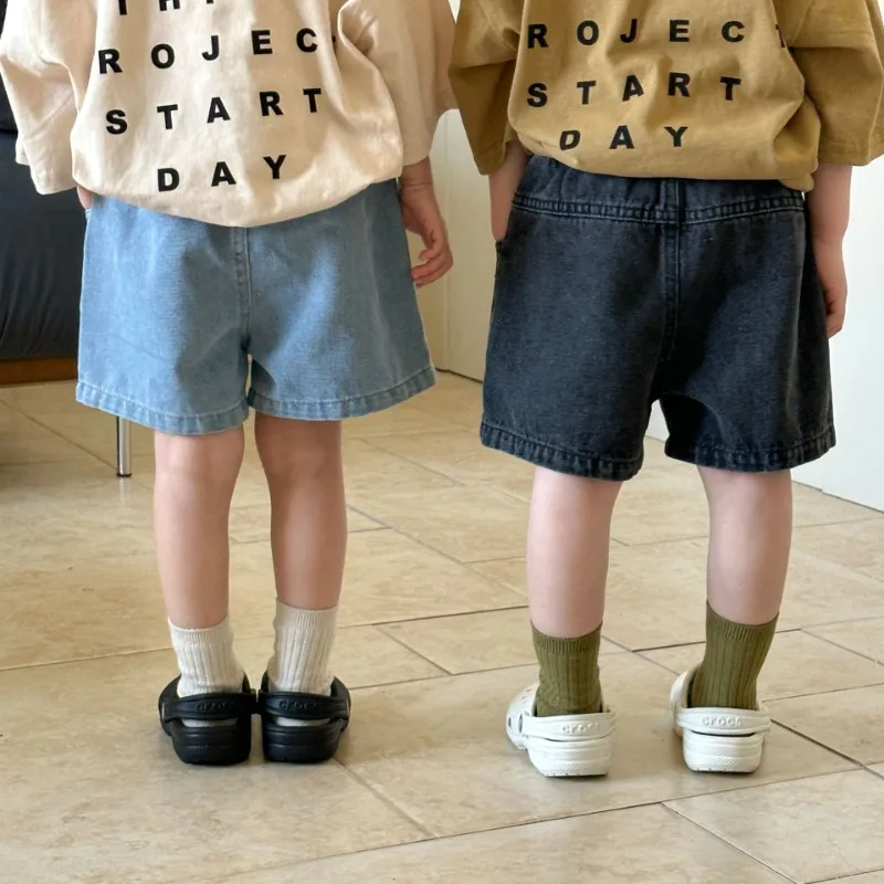 Kid's Summer Denim Shorts Girls' Solid Color Pocket Shorts Simple Style Boys' Loose Casual Knee-length Pants Children's Outwear