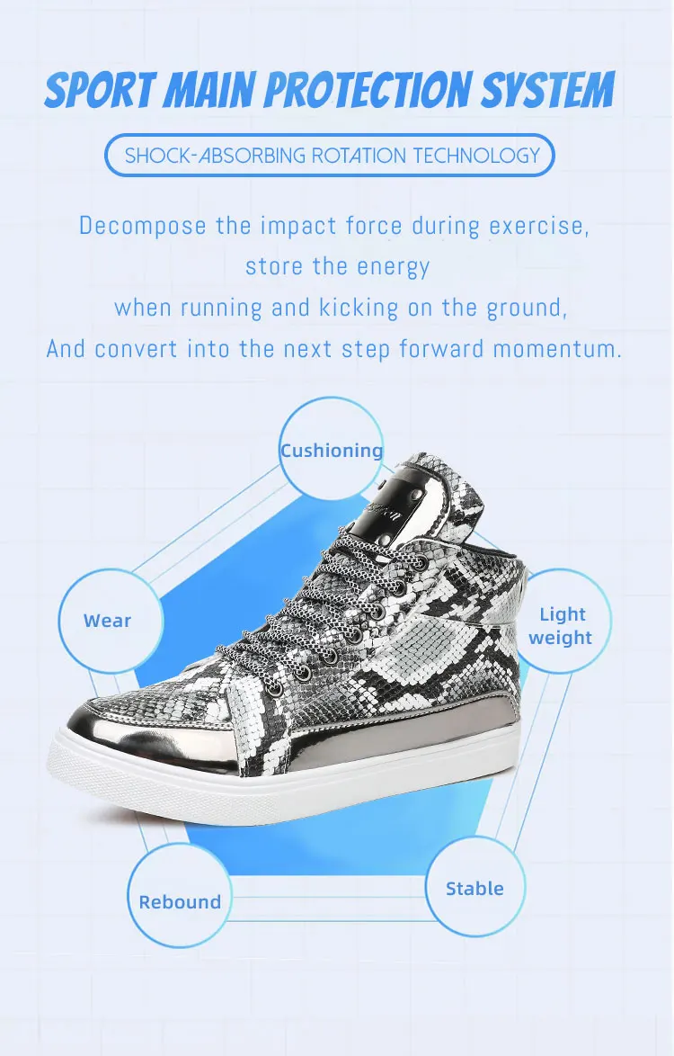 Description Picture 4 of itemNew Golden Snake Pattern Leather Man Skateboard Shoes Light Original Men's Skate Shoe High-top Zipper Design Male Casual Sneaker