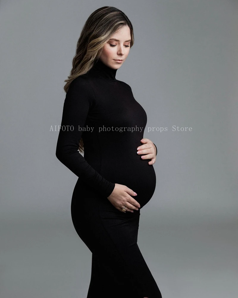 

Marriage Dresses Women High Neck Long Sleeve Bodycon Dress in Clean Color, Elegant Stylish - Perfect for Photographing Maternity