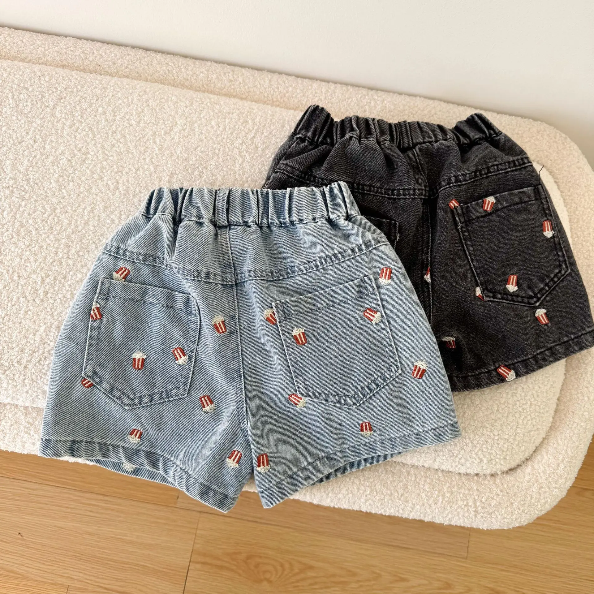 Children's Denim Shorts Embroidered Popcorn Casual Pants Summer Korean New Kids Baby Boys Girls Loose Jeans Shorts