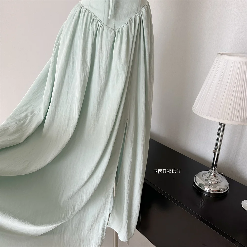 Summer New Spaghetti Strap Backless Midi Dresses for Women Lace-up Sleeveless Beach Style Korean Fashion One Piece Vestido Mujer