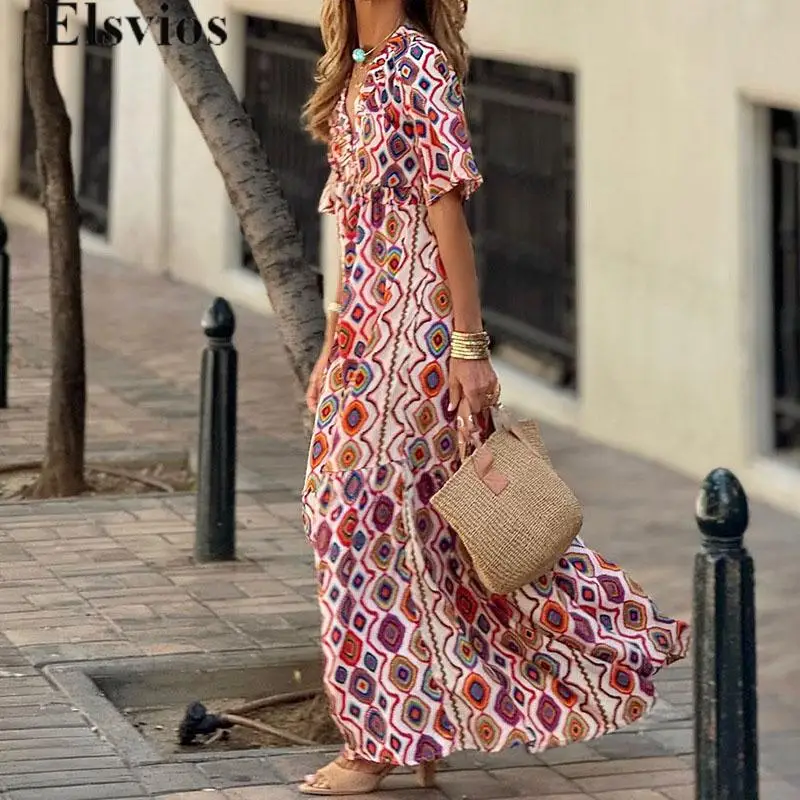 

Elegant Women New Hollow Backless A-line Beach Dress Vintage Waisted Short Sleeve Maxi Dress Bohemian Loose V-neck Female Dress