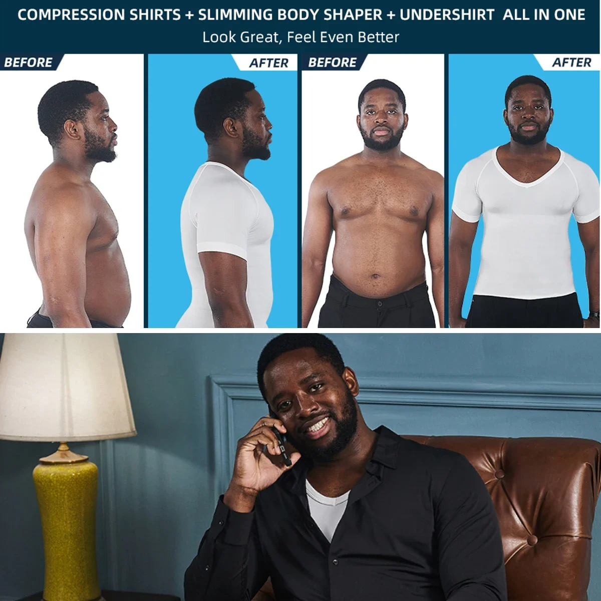 Mens Body Shaper Waist Trainer Compression Shirts V-Neck Short Sleeved Slimming Undershirt Workout Abs Abdomen Tight Corset Tops