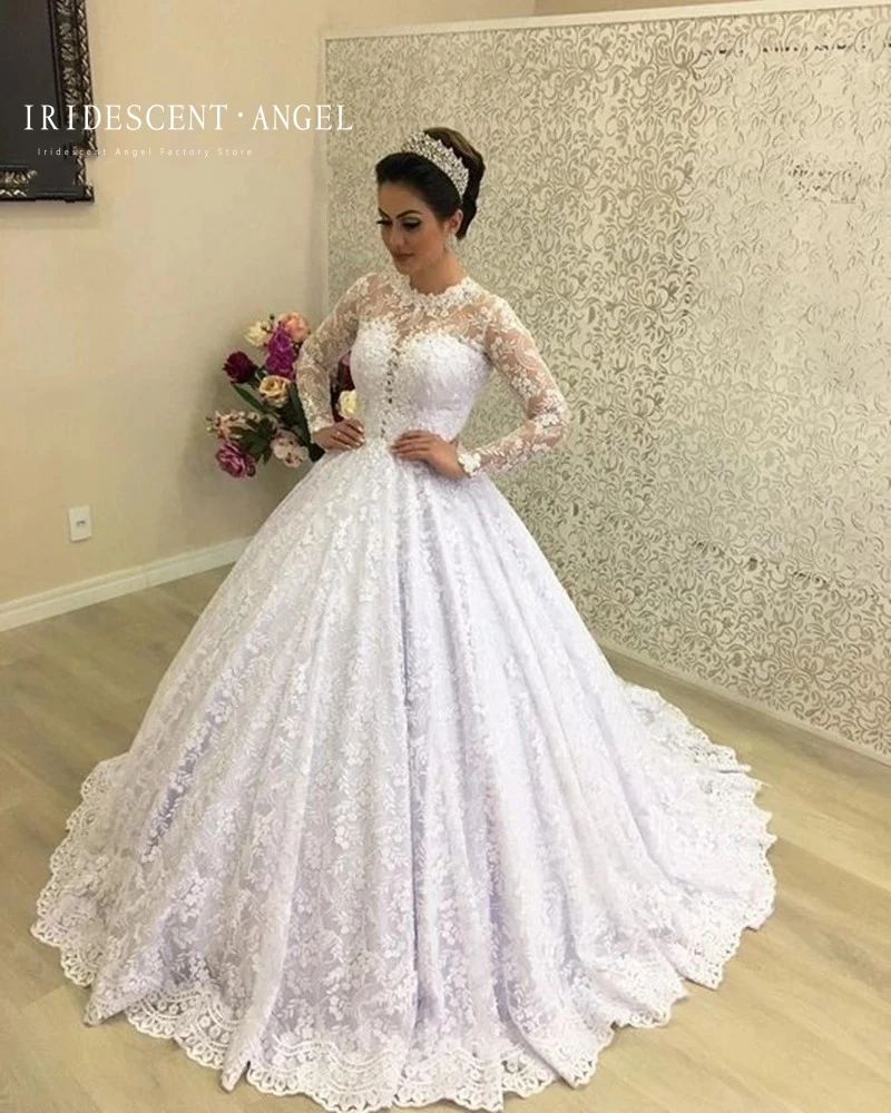 

IRIDESCENT Ball Gown O-Neck Dubai Lace Long Sleeves Wedding Dresses With Appliques Elegant Bridal Dresses Robes De Mariée