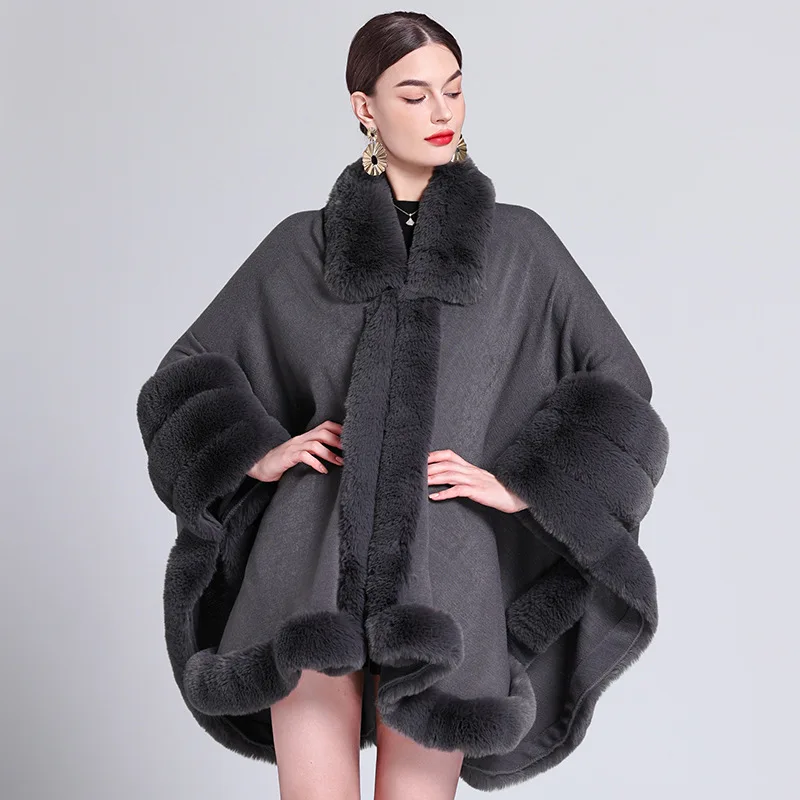 8 Colors Autumn Winter Three Circles Faux Fur Poncho Cloak Turn-down Neck Big Pendulum Loose Cape Out Streetwear Long Coat