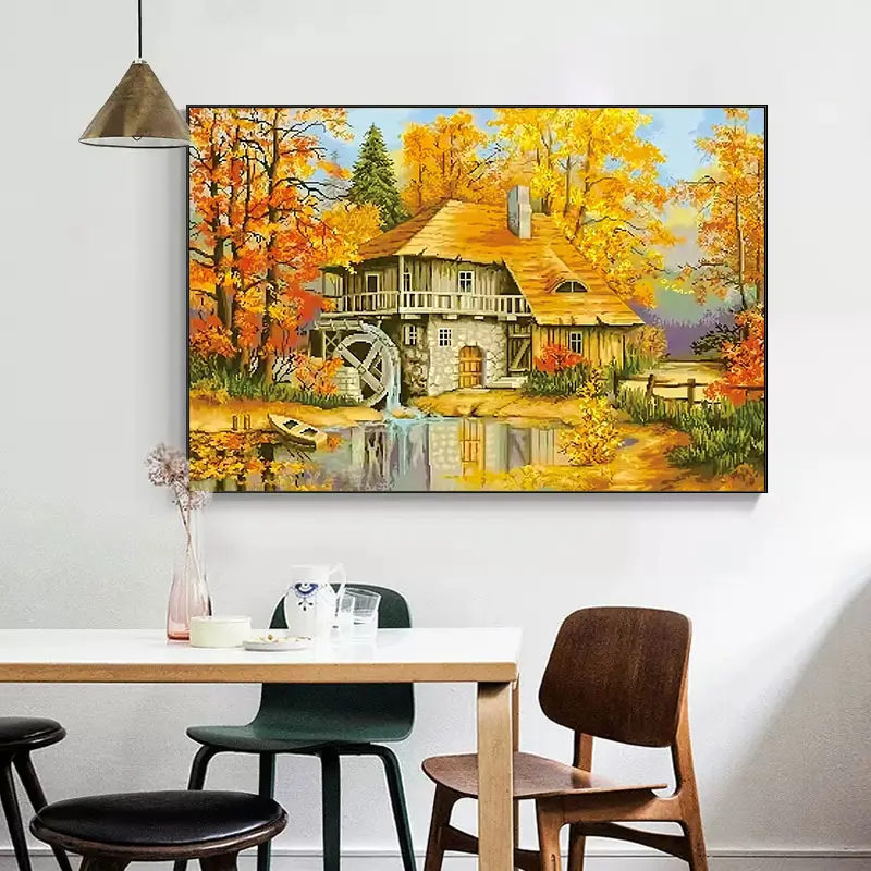 Scenic DIY 11CT Cotton Thread Printed Canvas Cross Stitch Kits Autumn's Cabin Embroidery Needlework Craft Set Home Decoration